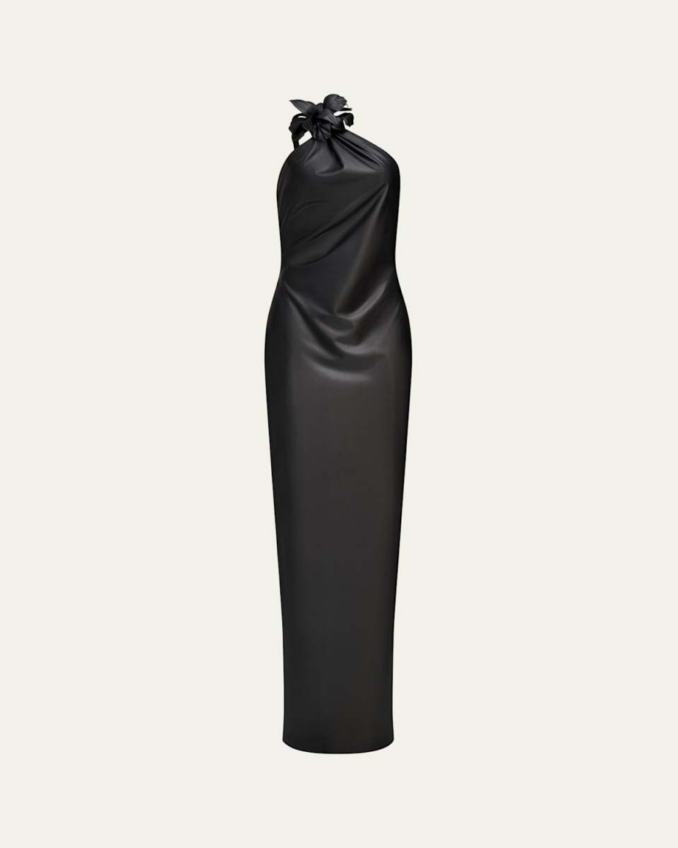 Rhia One-Shoulder Faux Leather Column Gown
